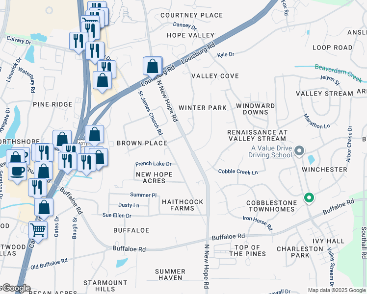 map of restaurants, bars, coffee shops, grocery stores, and more near 4107 North New Hope Road in Raleigh