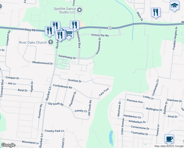 map of restaurants, bars, coffee shops, grocery stores, and more near 4418 Roxburghe Court in Murfreesboro