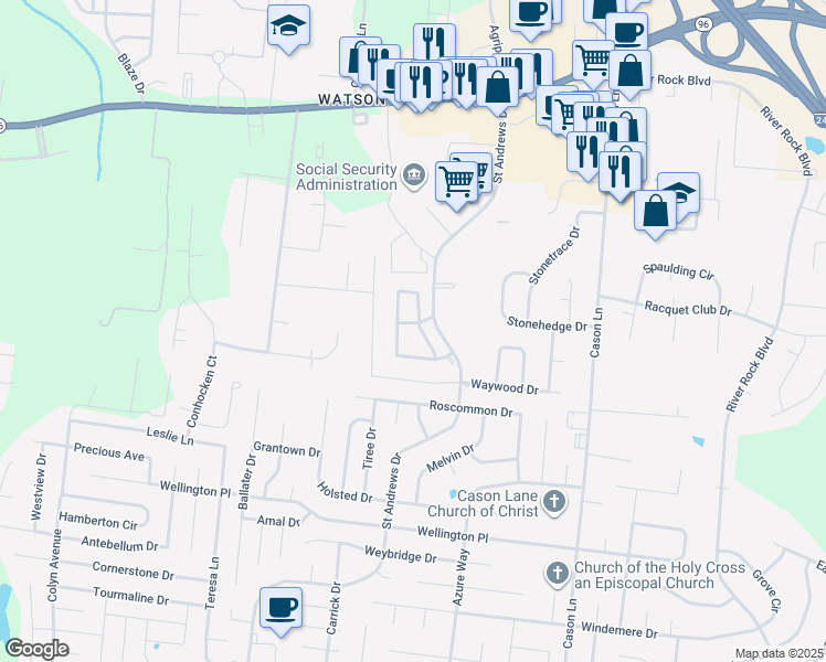 map of restaurants, bars, coffee shops, grocery stores, and more near 910 Saint Andrews Drive in Murfreesboro