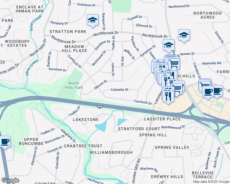 map of restaurants, bars, coffee shops, grocery stores, and more near 733 Catawba Street in Raleigh