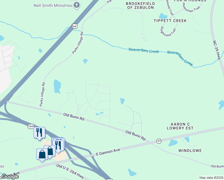 map of restaurants, bars, coffee shops, grocery stores, and more near 1915 Old Bunn Road in Zebulon