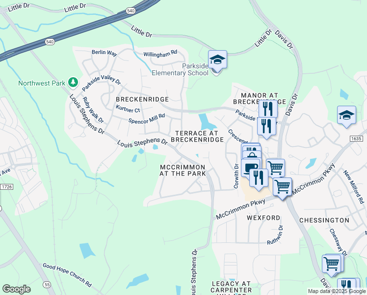 map of restaurants, bars, coffee shops, grocery stores, and more near 111 Sterling Oaks Court in Morrisville