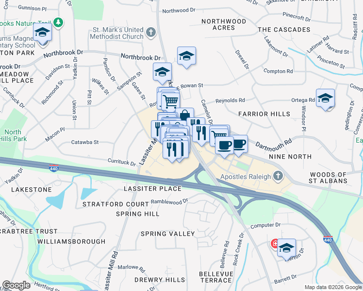 map of restaurants, bars, coffee shops, grocery stores, and more near The Circle At North Hills Street & Main at North Hills Street in Raleigh