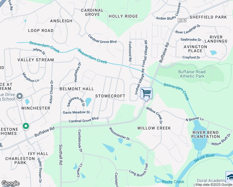 map of restaurants, bars, coffee shops, grocery stores, and more near 4418 Cardinal Grove Boulevard in Raleigh