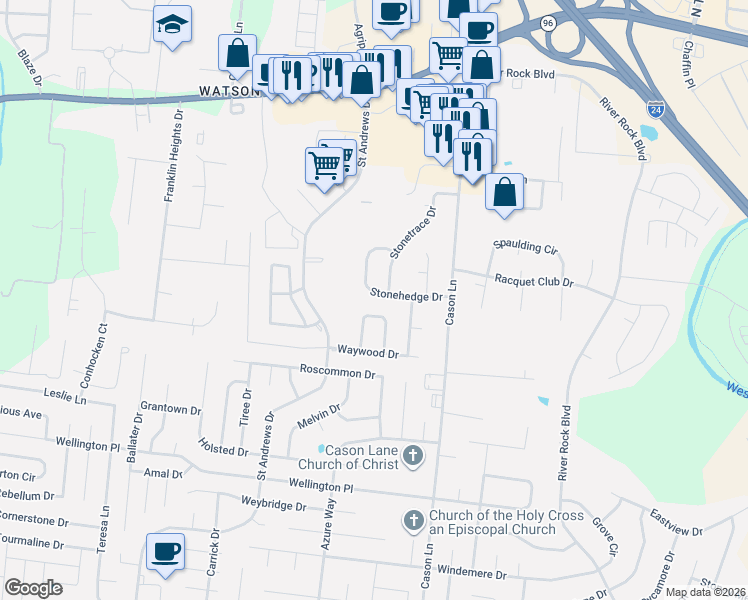 map of restaurants, bars, coffee shops, grocery stores, and more near 2759 Stonehedge Drive in Murfreesboro