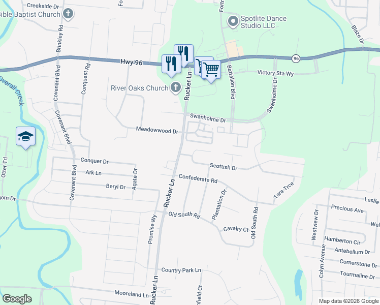 map of restaurants, bars, coffee shops, grocery stores, and more near 4703 Scottish Drive in Murfreesboro