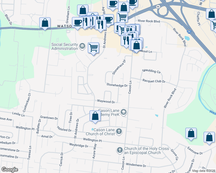 map of restaurants, bars, coffee shops, grocery stores, and more near 2759 Stonehedge Drive in Murfreesboro