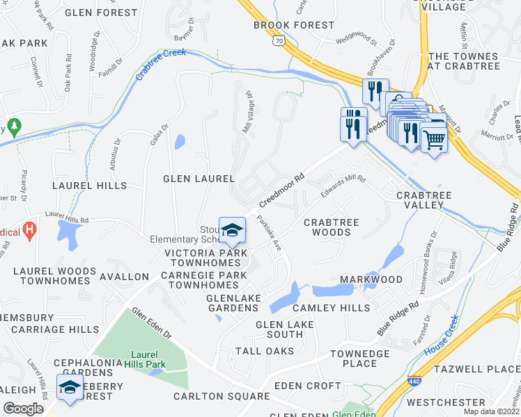 map of restaurants, bars, coffee shops, grocery stores, and more near 4505 Edwards Mill Road in Raleigh