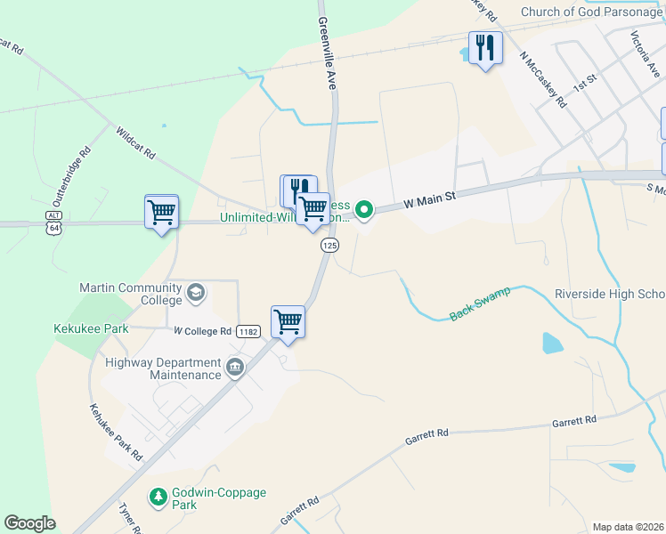map of restaurants, bars, coffee shops, grocery stores, and more near 1091 Prison Camp Road in Williamston