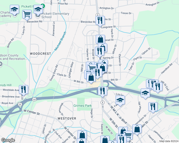 map of restaurants, bars, coffee shops, grocery stores, and more near 224 Hames Street in Lexington