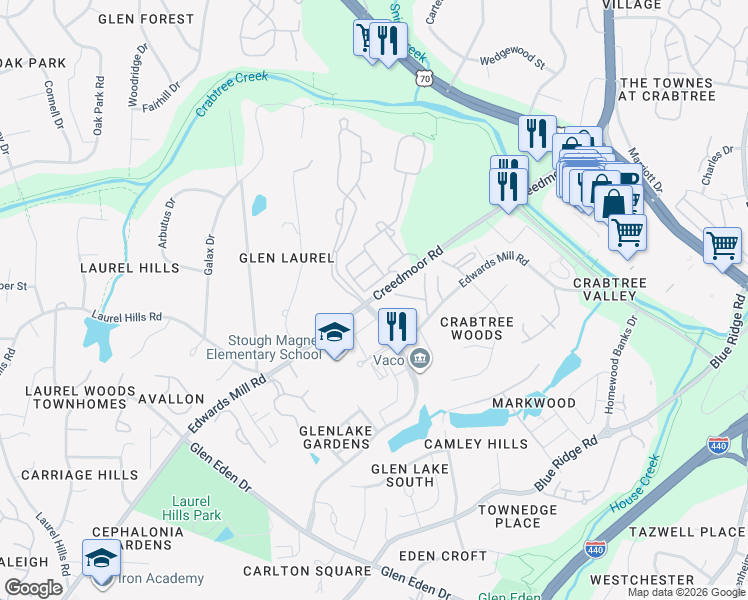 map of restaurants, bars, coffee shops, grocery stores, and more near 4505 Edwards Mill Road in Raleigh