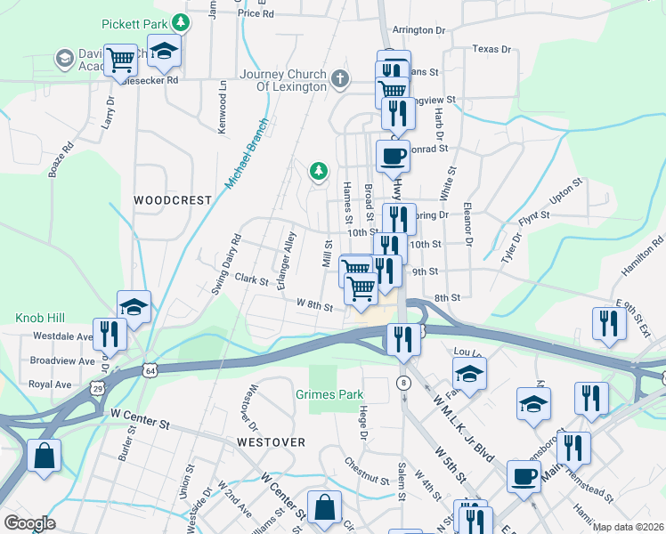 map of restaurants, bars, coffee shops, grocery stores, and more near 100 Mill Street in Lexington