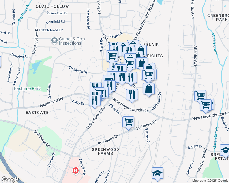 map of restaurants, bars, coffee shops, grocery stores, and more near in Raleigh