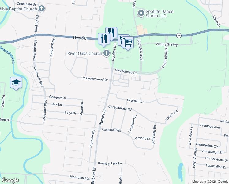 map of restaurants, bars, coffee shops, grocery stores, and more near 4703 Scottish Drive in Murfreesboro