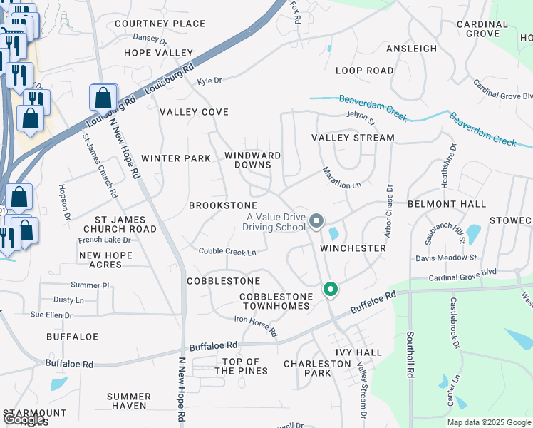 map of restaurants, bars, coffee shops, grocery stores, and more near 4512 Oakshyre Way in Raleigh