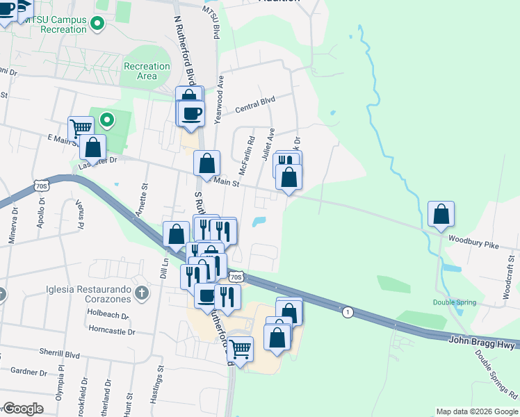 map of restaurants, bars, coffee shops, grocery stores, and more near 2514 East Main Street in Murfreesboro