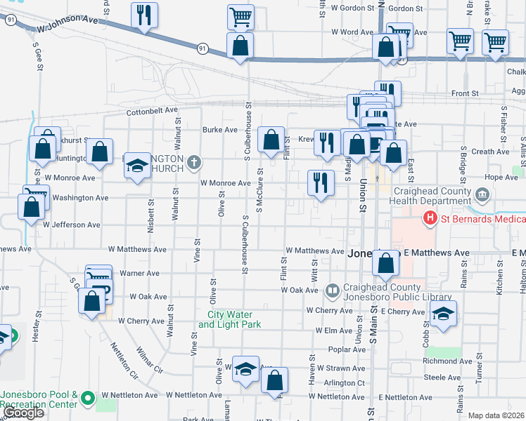 map of restaurants, bars, coffee shops, grocery stores, and more near 507 South McClure Street in Jonesboro