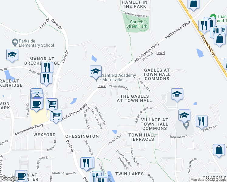 map of restaurants, bars, coffee shops, grocery stores, and more near 792 Newstead Way in Morrisville