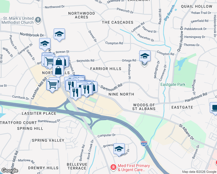 map of restaurants, bars, coffee shops, grocery stores, and more near 301 Dartmouth Road in Raleigh