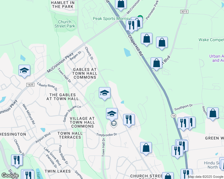 map of restaurants, bars, coffee shops, grocery stores, and more near 804 Church Street in Morrisville
