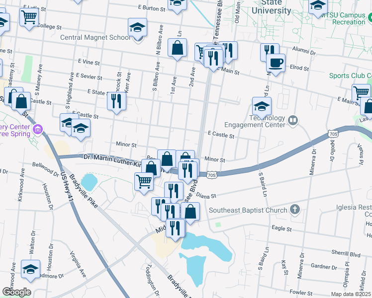 map of restaurants, bars, coffee shops, grocery stores, and more near 425 2nd Avenue in Murfreesboro