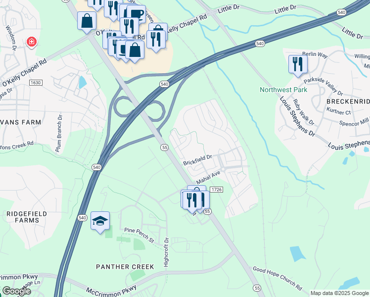 map of restaurants, bars, coffee shops, grocery stores, and more near 1612 Clayfire Drive in Cary
