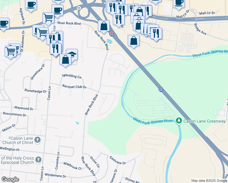 map of restaurants, bars, coffee shops, grocery stores, and more near 2302 Racquet Club Drive in Murfreesboro