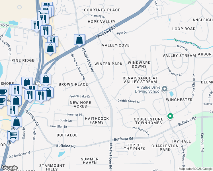 map of restaurants, bars, coffee shops, grocery stores, and more near 4203 Woodlawn Drive in Raleigh