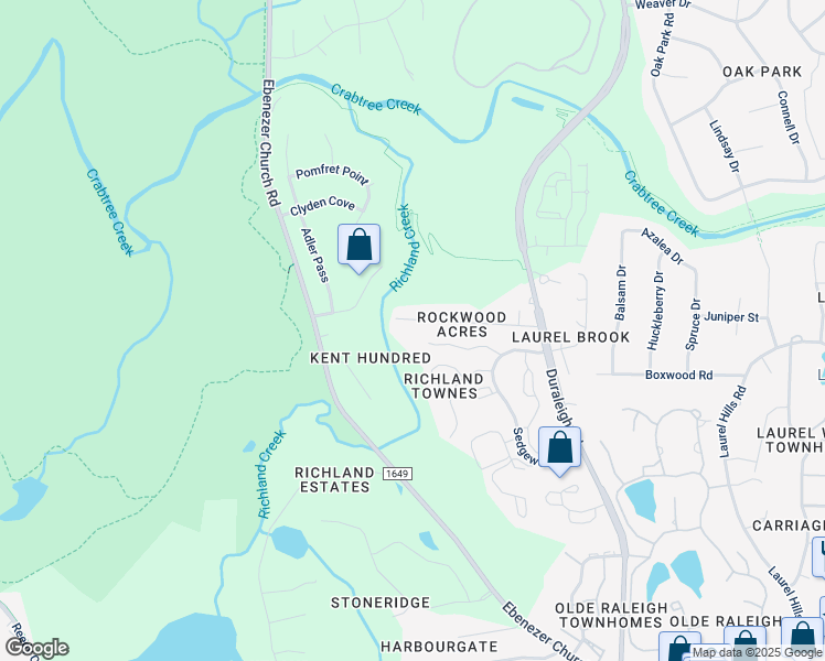 map of restaurants, bars, coffee shops, grocery stores, and more near 4617 Rockwood Drive in Raleigh