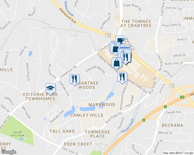 map of restaurants, bars, coffee shops, grocery stores, and more near 4812 Cornwall Place in Raleigh