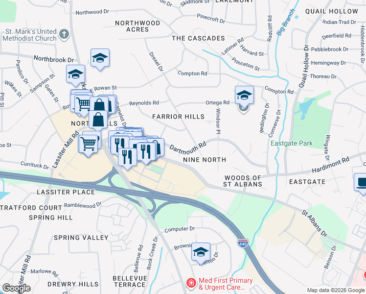map of restaurants, bars, coffee shops, grocery stores, and more near 301 Dartmouth Road in Raleigh