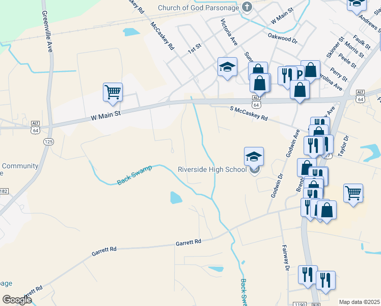 map of restaurants, bars, coffee shops, grocery stores, and more near 101-203 Santree Drive in Williamston