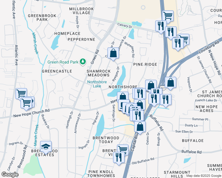 map of restaurants, bars, coffee shops, grocery stores, and more near 4312 Ryegate Drive in Raleigh