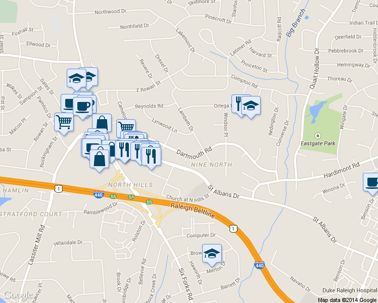 map of restaurants, bars, coffee shops, grocery stores, and more near 301 Dartmouth Road in Raleigh