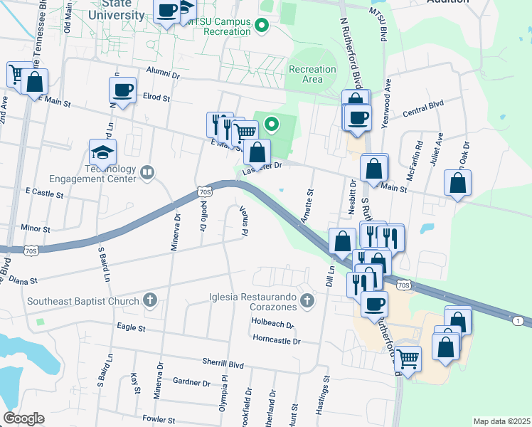 map of restaurants, bars, coffee shops, grocery stores, and more near 2032 Mercury Boulevard in Murfreesboro