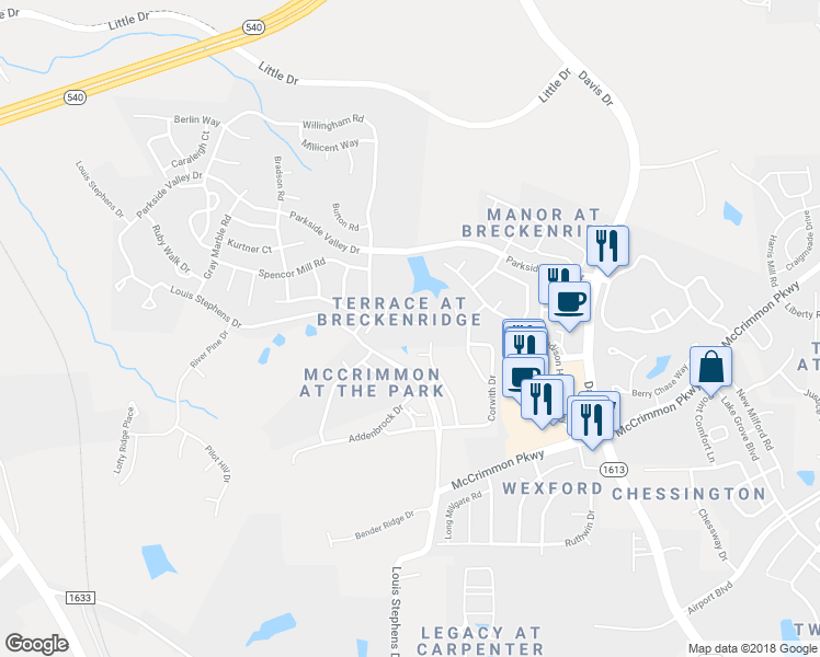 map of restaurants, bars, coffee shops, grocery stores, and more near 210 Canyon Lake Circle in Morrisville