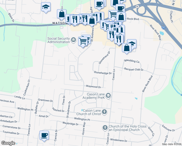 map of restaurants, bars, coffee shops, grocery stores, and more near 2759 Stonehedge Drive in Murfreesboro