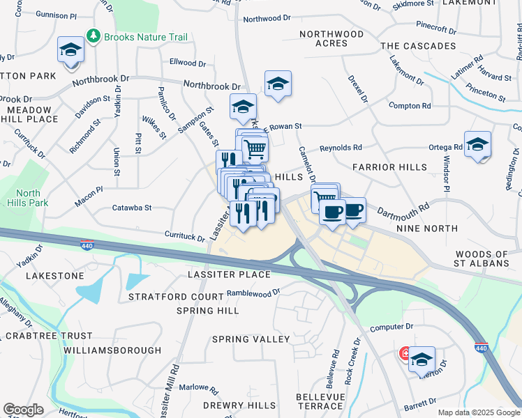 map of restaurants, bars, coffee shops, grocery stores, and more near 4351 The Circle At North Hills Street in Raleigh