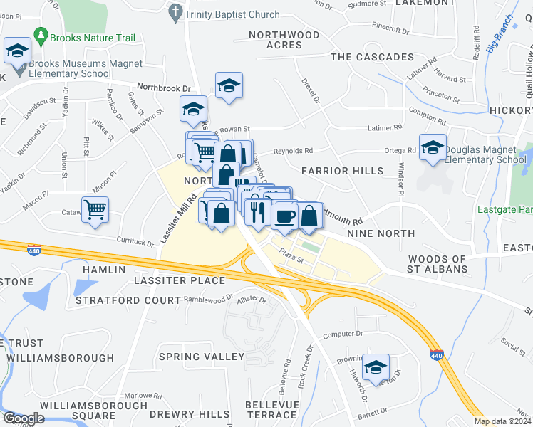 map of restaurants, bars, coffee shops, grocery stores, and more near 4000 State at North Hills Street in Raleigh