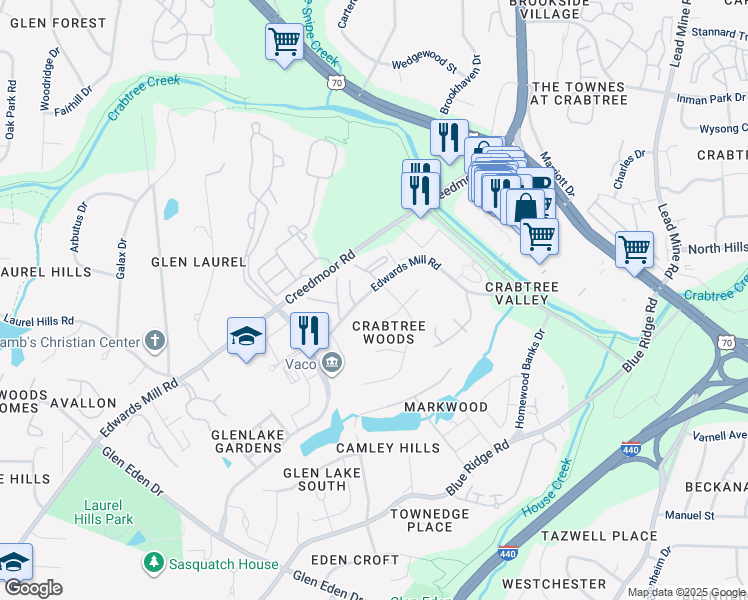 map of restaurants, bars, coffee shops, grocery stores, and more near 4712 Edwards Mill Road in Raleigh