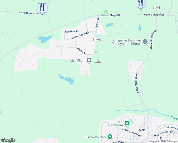 map of restaurants, bars, coffee shops, grocery stores, and more near 95 Oak Leaf Lane in Chapel Hill
