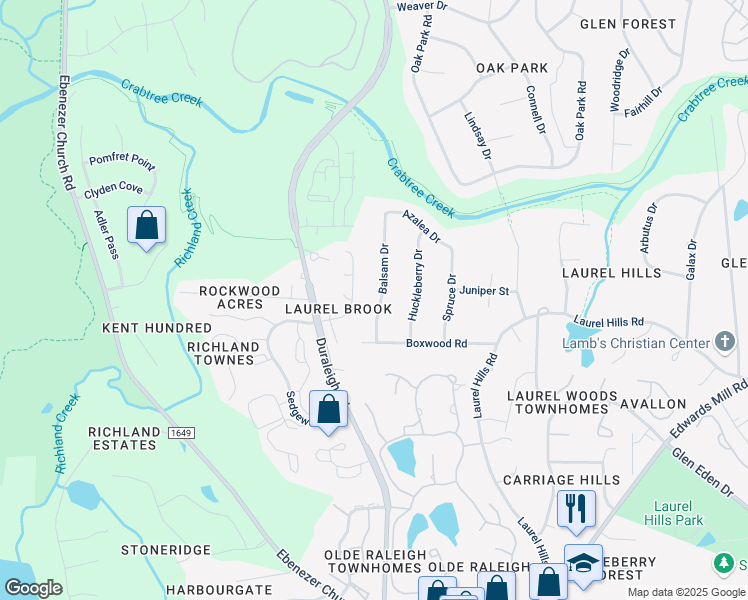 map of restaurants, bars, coffee shops, grocery stores, and more near 4013 Balsam Drive in Raleigh