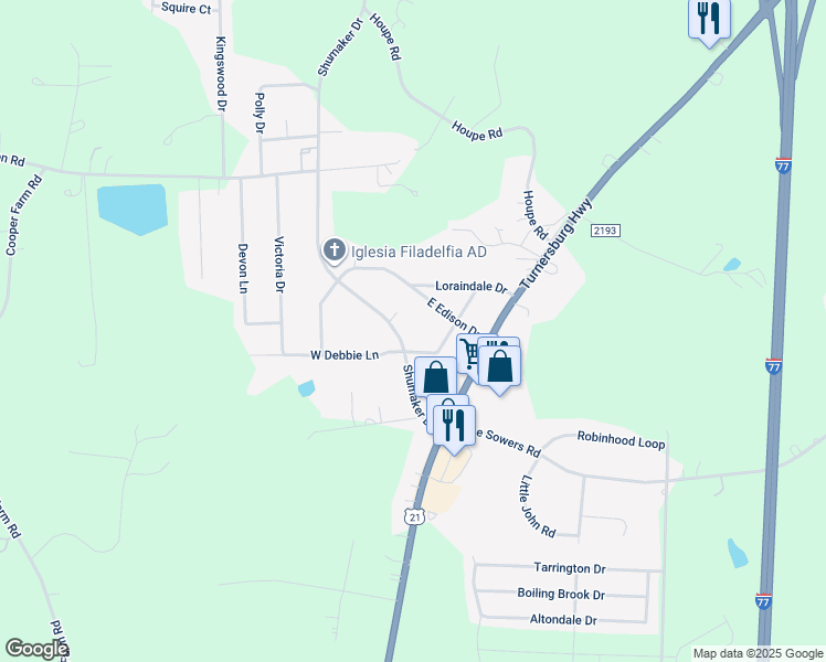 map of restaurants, bars, coffee shops, grocery stores, and more near 158 Shumaker Drive in Statesville