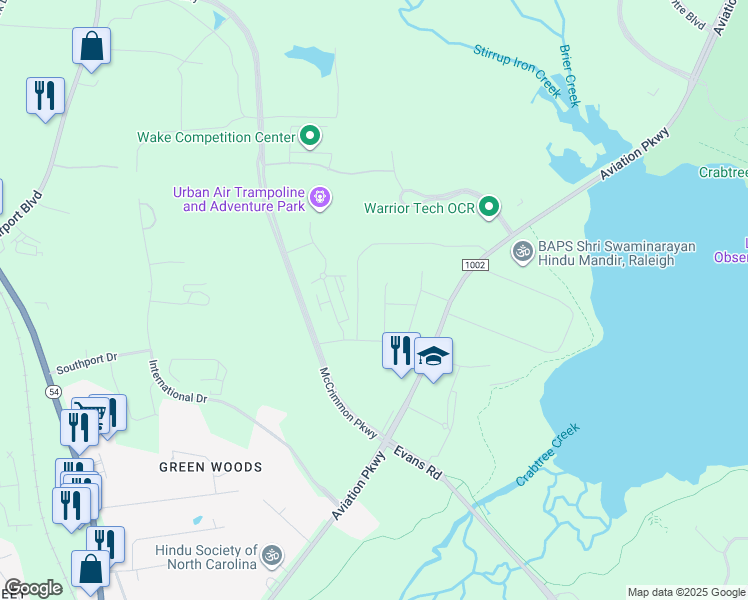 map of restaurants, bars, coffee shops, grocery stores, and more near 101 Southcenter Court in Morrisville
