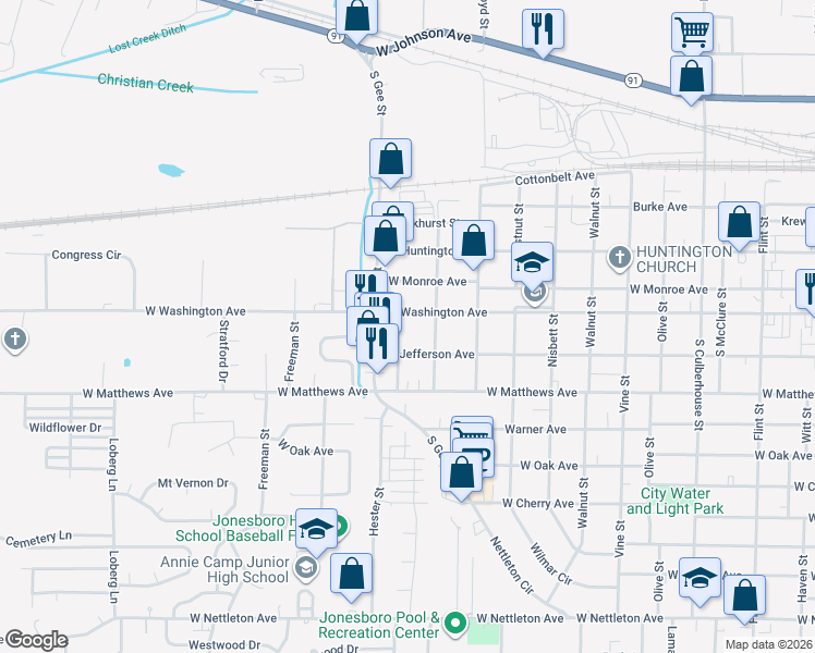 map of restaurants, bars, coffee shops, grocery stores, and more near 504 Wilson St in Jonesboro