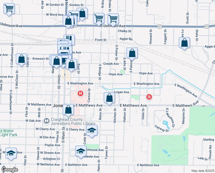 map of restaurants, bars, coffee shops, grocery stores, and more near 611 East Washington Avenue in Jonesboro