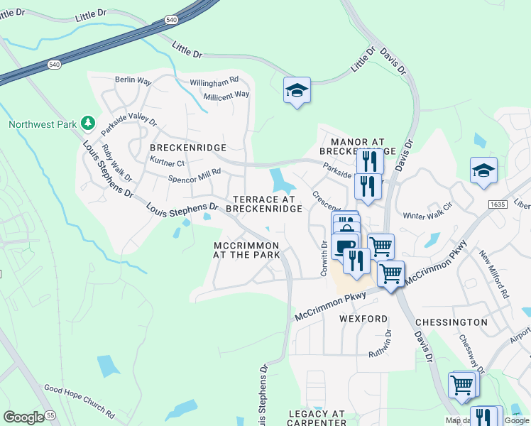 map of restaurants, bars, coffee shops, grocery stores, and more near 200 Canyon Lake Circle in Morrisville