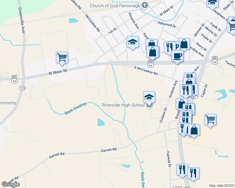 map of restaurants, bars, coffee shops, grocery stores, and more near 101-203 Santree Drive in Williamston