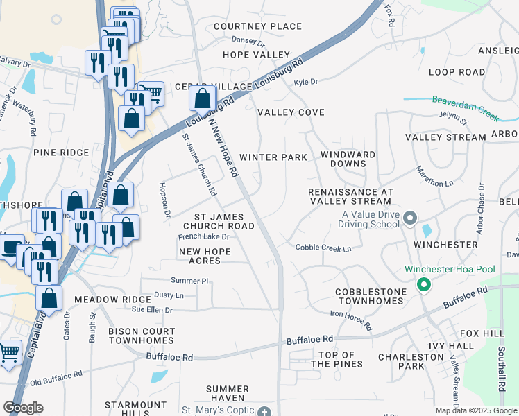 map of restaurants, bars, coffee shops, grocery stores, and more near 4203 Woodlawn Drive in Raleigh