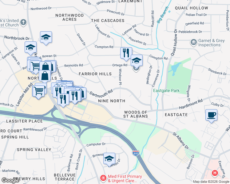 map of restaurants, bars, coffee shops, grocery stores, and more near 412 Dartmouth Road in Raleigh
